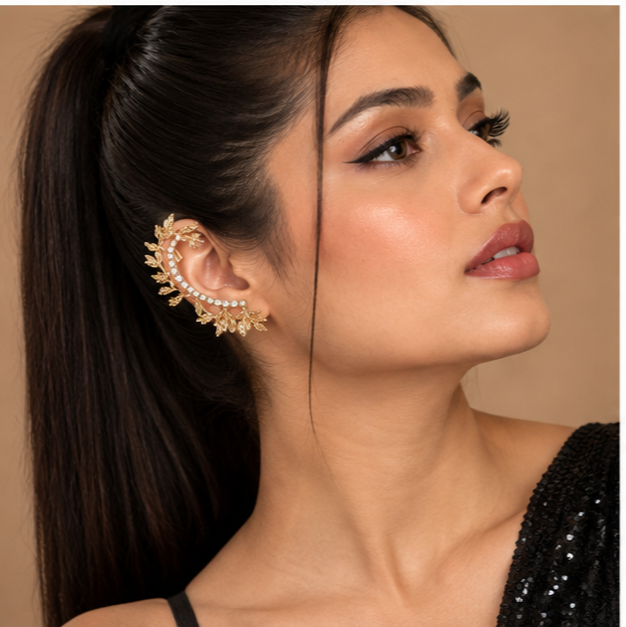 Gold-Tone Botanical Leaf Crystal Ear Cuff for Women